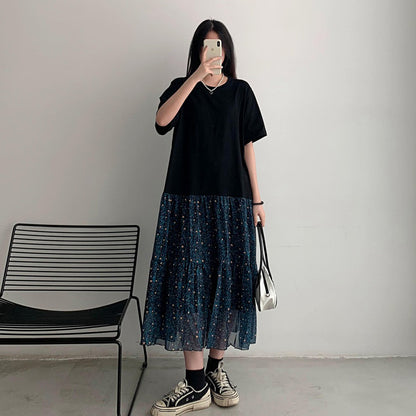 【ワンピース】大きいサイズ レディース 花柄フェイクレイヤードワンピース 夏 切替デザイン Aライン 半袖 ロングワンピース 体型カバー 着痩せ【JZシリーズ】