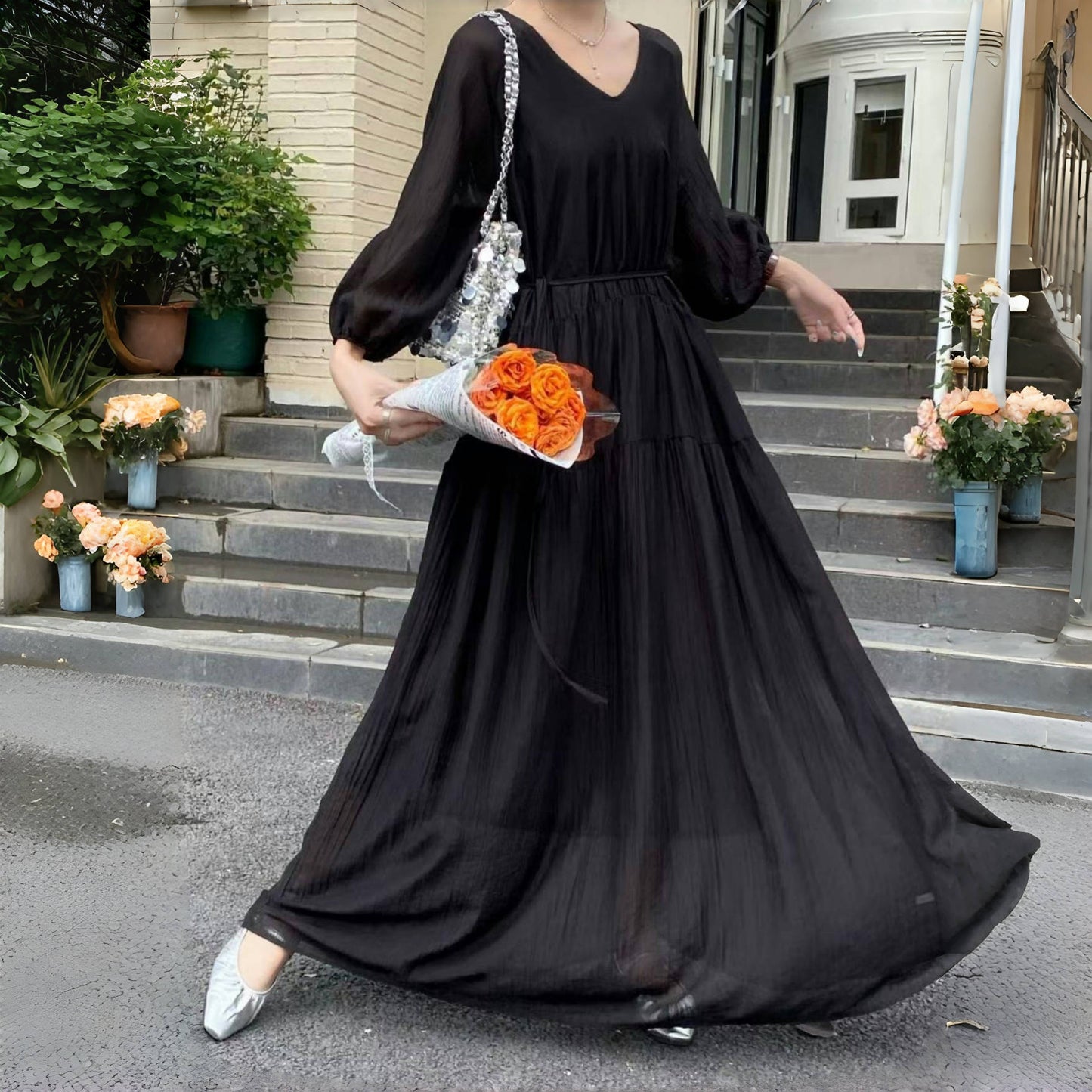 【ワンピース】7カラー 夏 韓国風 ゆったり 大きめサイズ ロング丈 無地 長袖ワンピース