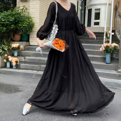 【ワンピース】7カラー 夏 韓国風 ゆったり 大きめサイズ ロング丈 無地 長袖ワンピース