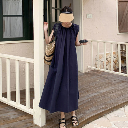 【ワンピース】ネイビーブルー ノースリーブ ワンピース 夏 リラックス系 小規模ブランド おしゃれ ゆったり 万能 ロングドレス【JZシリーズ】