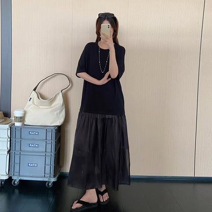 【ワンピース】大きいサイズワンピース レディース 夏 半袖 ブラックワンピース ゆったりシルエット 着痩せ 体型カバー【JZシリーズ】
