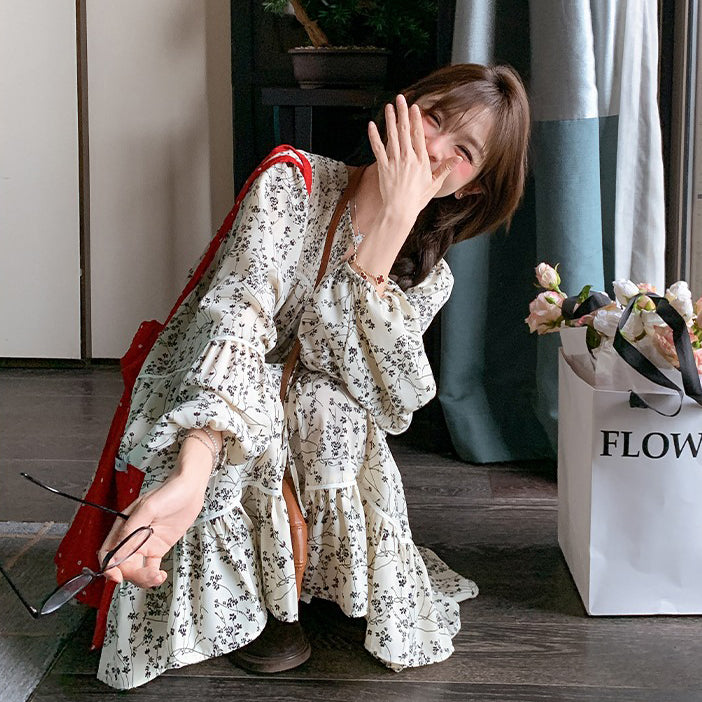【ワンピース】フレンチ気質 花柄長袖ワンピース レディース 春秋 若見え 可愛い 清楚 ガーリースタイル【SHシリーズ】