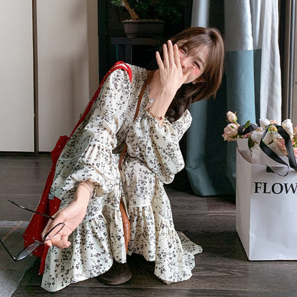 【ワンピース】フレンチ気質 花柄長袖ワンピース レディース 春秋 若見え 可愛い 清楚 ガーリースタイル【SHシリーズ】