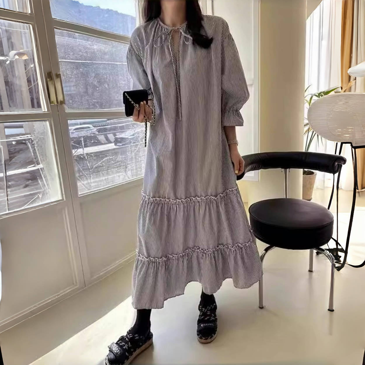 【24AW】【ワンピース】韓国風 chic 若見え ゆったり 合わせやすい 長袖ワンピース