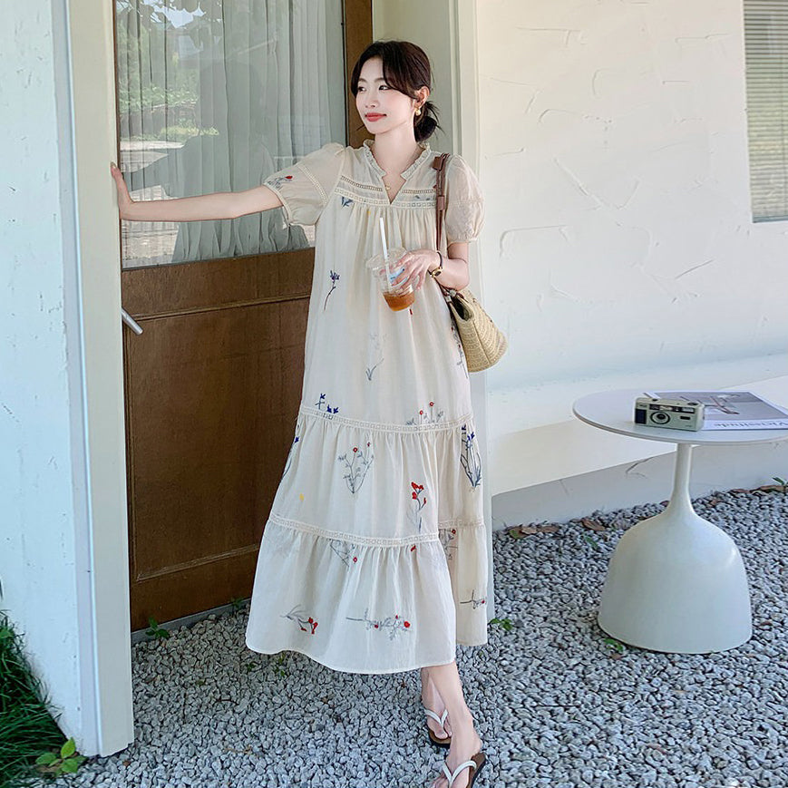 【ワンピース】フレンチレトロ 刺繍花柄ワンピース レディース ミモレ丈 ゆったり 体型カバー 着痩せ Aライン 夏ワンピース【SHシリーズ】