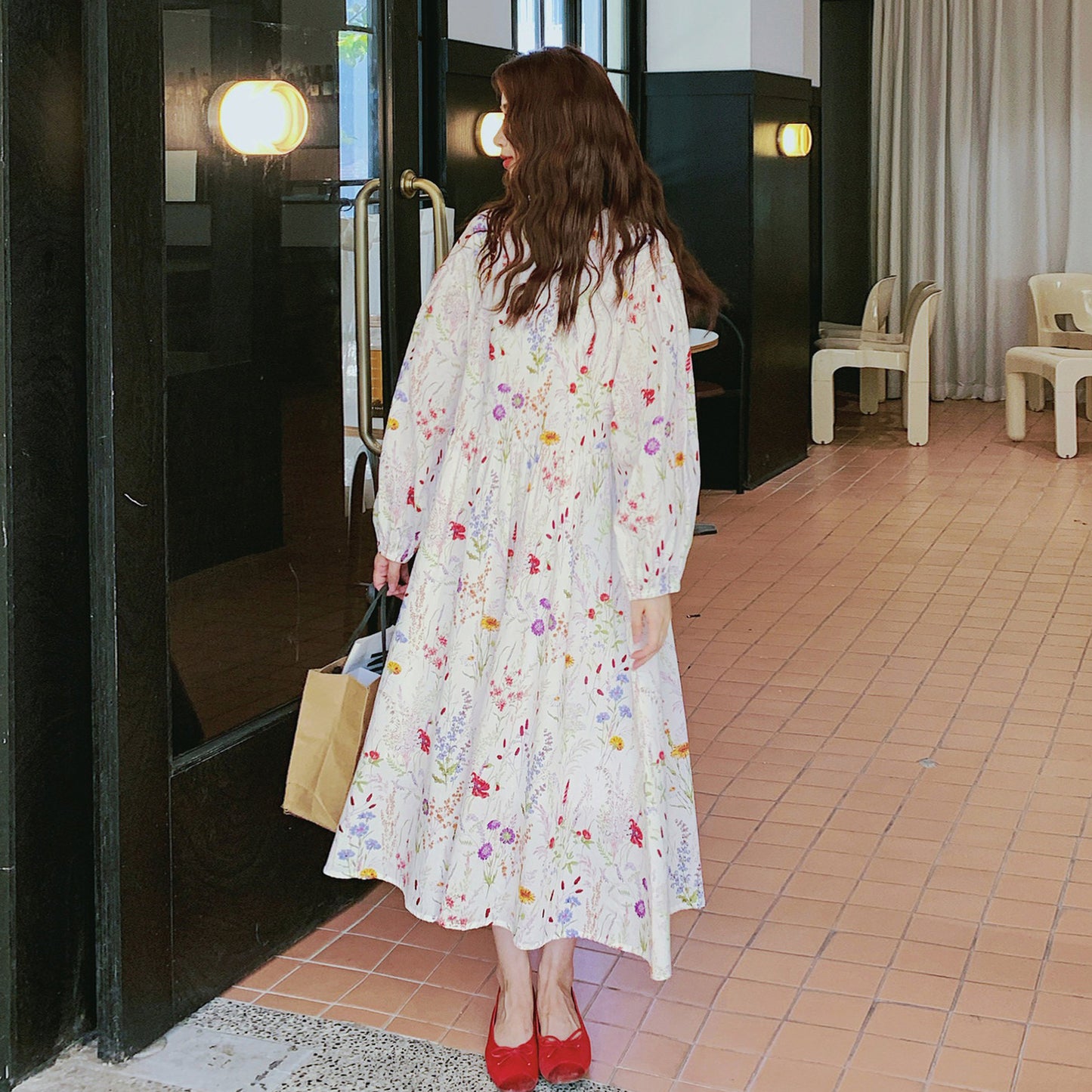 【ワンピース】フレンチ花柄ワンピース レディース バルーンスリーブ ゆったり 長袖 ロング丈 リラックスコーデ 秋ワンピース【SHシリーズ】
