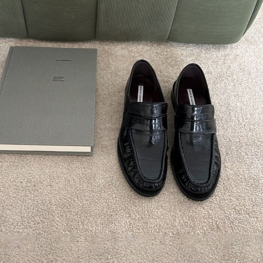 【シューズ】ヴィンテージ 太ヒール プリーツ ワンストラップ ローファー パンプス