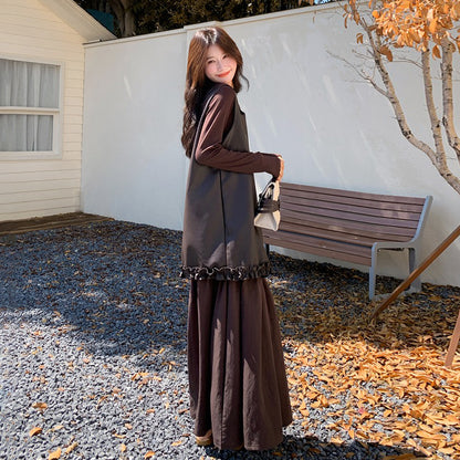 2点セット！【セットアップ】メラード風 PUレザー切り替え ワンピース＋インナートップスセット 春秋コーデ【JZシリーズ】