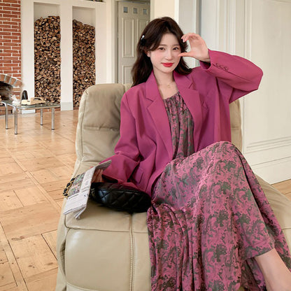 2点セット！【セットアップ】ピンク系 ジャケット重ね着風 ノースリーブワンピース セット 春秋 レディース  コーディネート楽々 大人可愛い【SHシリーズ】