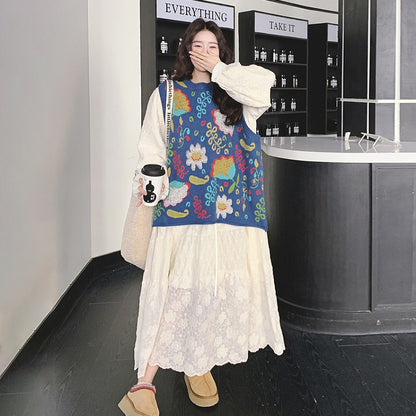 2点セット！【セットアップ】ニットベスト+ワンピース セット レディース 春秋 大人気 レースジャカード ロングワンピース【SHシリーズ】