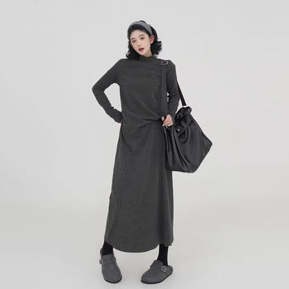 【ワンピース】無地 ハイネック ニット長袖ワンピース レディース 秋冬 韓国風 ゆったり ルーズ ロング丈 Aライン【JZシリーズ】