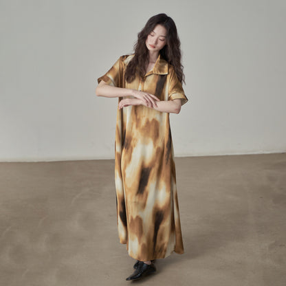 【ワンピース】新中式プリント 気品あるフィット感 ロング丈 半袖 シャツワンピース【SHシリーズ】