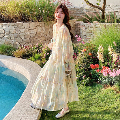 【ワンピース】超かわいい バタフライプリント ワンピース 春夏 ムード感たっぷり ハイウエスト 日焼け防止 ロングドレス【SHシリーズ】