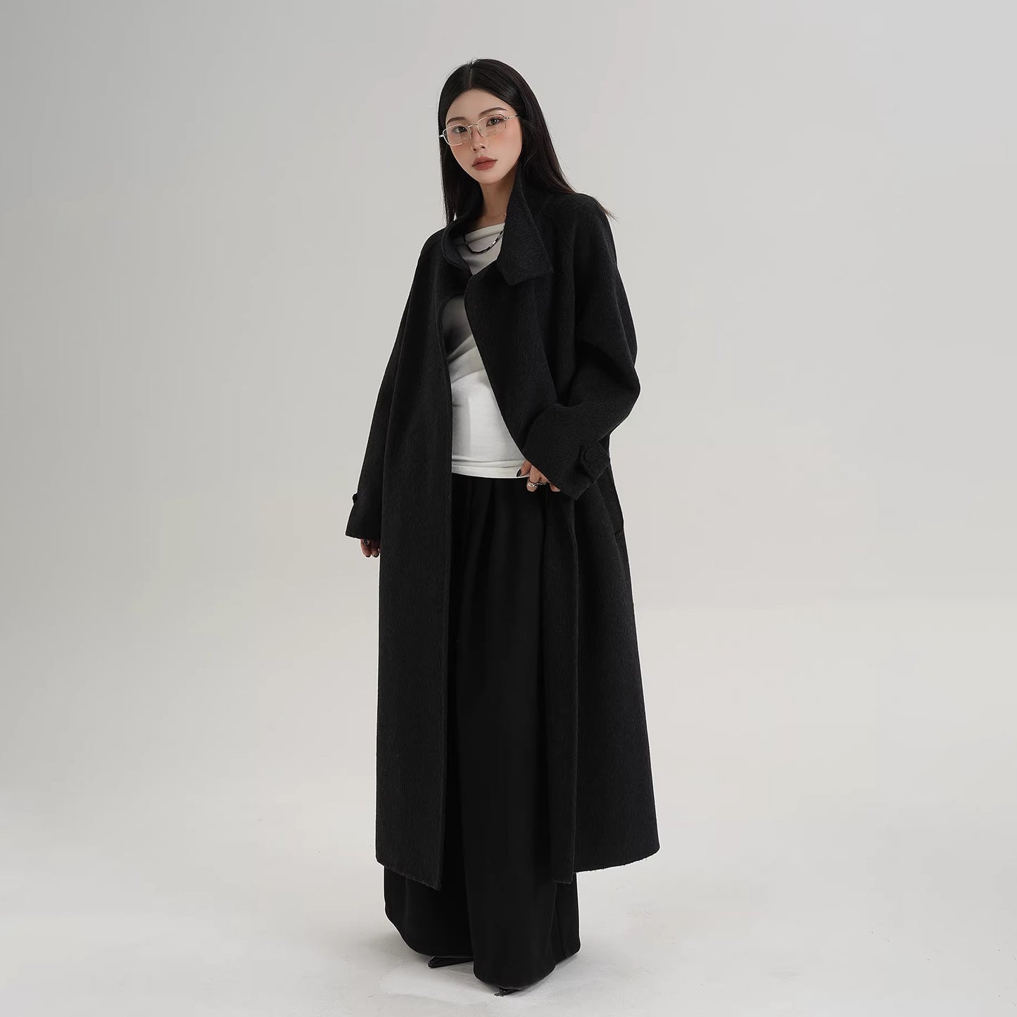 【アウター】上質 ウール100% ダブルフェイス コート レディース ロング丈 ネイビーチェック柄 秋冬 高級感【JZシリーズ】