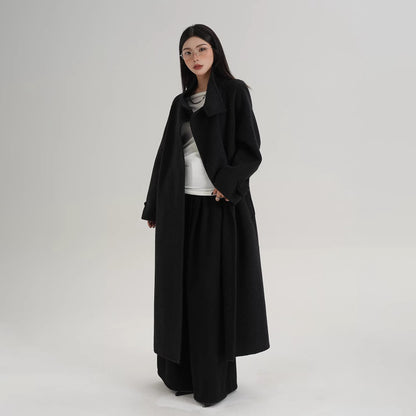 【アウター】上質 ウール100% ダブルフェイス コート レディース ロング丈 ネイビーチェック柄 秋冬 高級感【JZシリーズ】