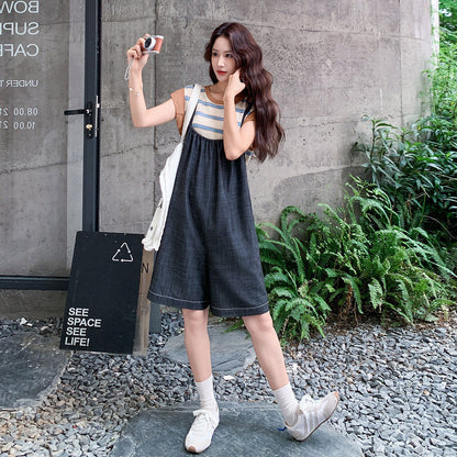 2点セット！【セットアップ】デニム サロペット ストライプ フリル袖 Tシャツ 上下セット レディース 夏 かわいい こなれ感 若見え【JZシリーズ】