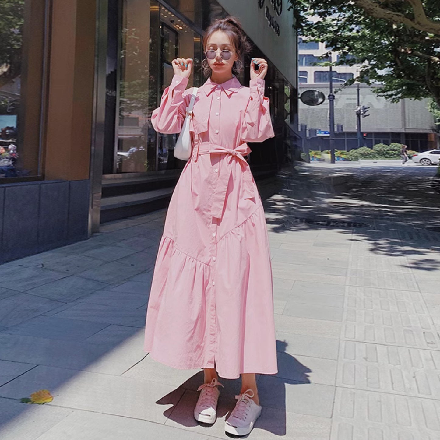 【ワンピース】高級感のある小洒落デザイン ピンク長袖シャツワンピース レディース 春秋 ユニークでおしゃれ 上品な大人風 ロングワンピース【JZシリーズ】