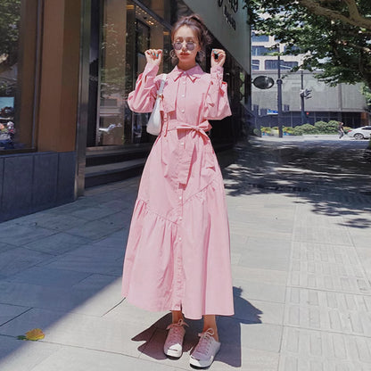 【ワンピース】高級感のある小洒落デザイン ピンク長袖シャツワンピース レディース 春秋 ユニークでおしゃれ 上品な大人風 ロングワンピース【JZシリーズ】