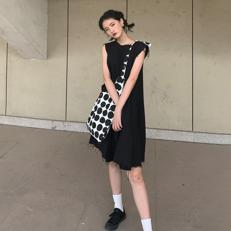 【バッグ】配色 キャンバスショルダーバッグ 斜めがけ 韓国風 ドット柄 大容量 カジュアルバッグ