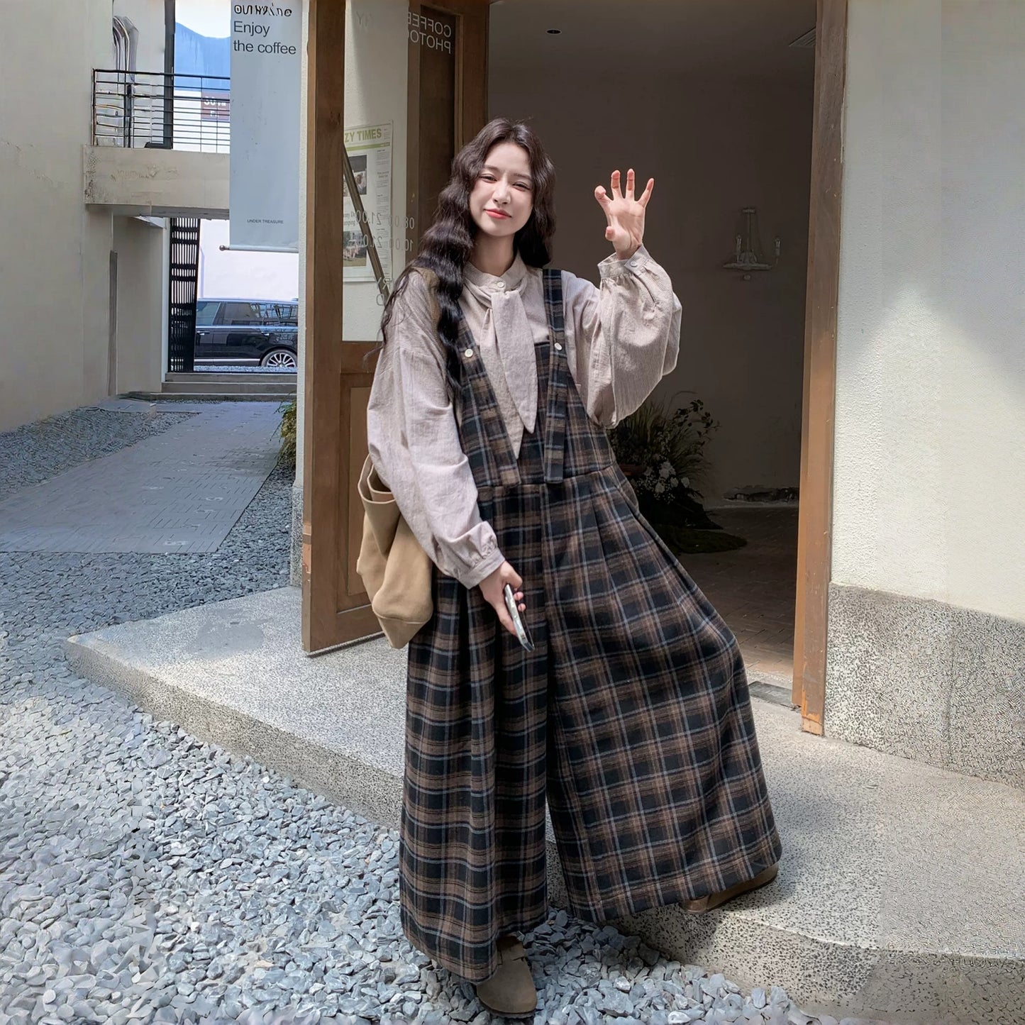 【セットアップ】カジュアル ゆったり 着痩せ チェック ワイド シャツ+サロペットパンツ 2点セット【JZシリーズ】