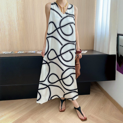 【ワンピース】夏 	オールドマネースタイル ラインプリント Vネック ノースリーブワンピース【SNシリーズ】