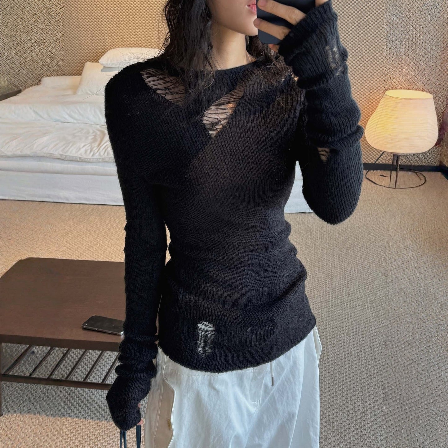 【トップス】ダメージ加工 クルーネック 透かし編み ウール 長袖 Ｔシャツ 【JZシリーズ】