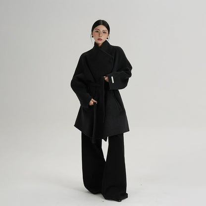 【アウター】気質と高級感 ミディアムロング 斜めボタン襟 ウールコート【JZシリーズ】