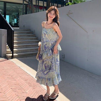 【ワンピース】フレンチロマンティック 油絵風 ノースリーブキャミワンピース 夏 ビーチリゾートドレス【SHシリーズ】