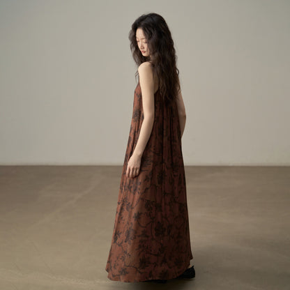 【ワンピース】新中式 ヴィンテージ高級感 プリント 柔らかい素材 リゾート風 ノースリーブワンピース【SHシリーズ】