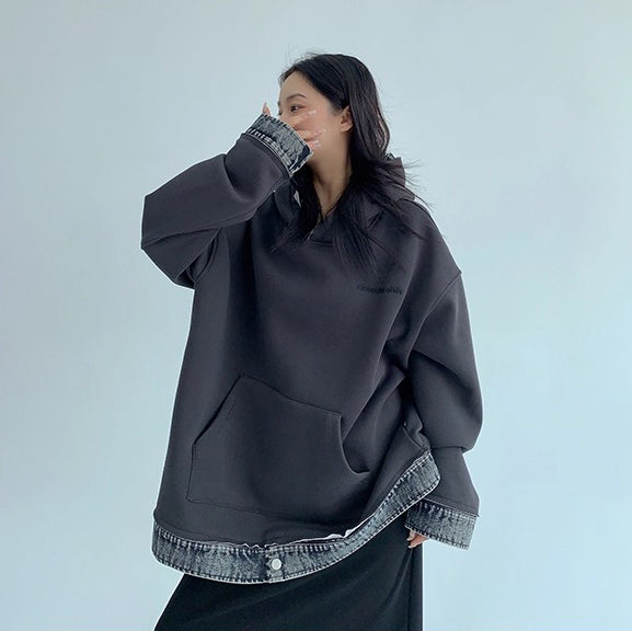 【トップス】春秋冬 配色デニム切り替え 裏起毛 パーカー ゆったり レディース【FCシリーズ】