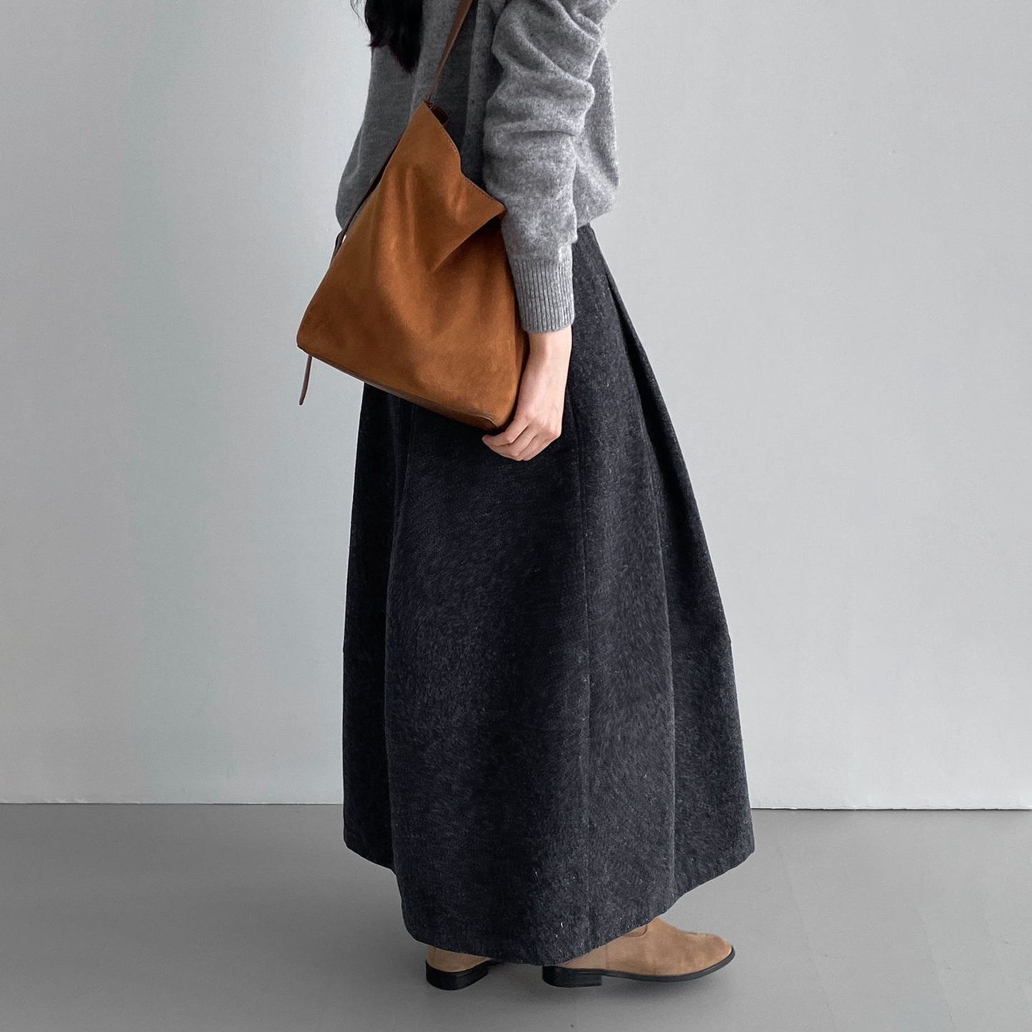 【ボトムス】ウール風  バルーンスカート 気質Aライン プリーツ入り【JZシリーズ】