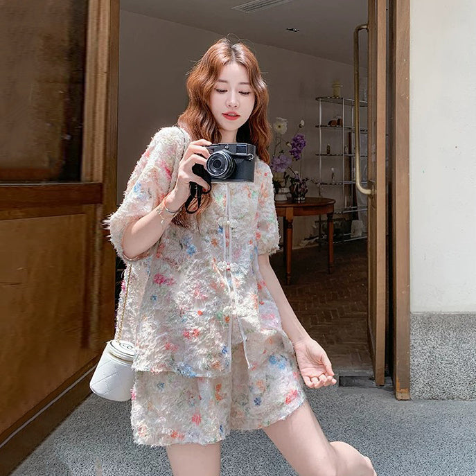 2点セット！【セットアップ】中華風 刺繍上下セット レディース 夏 トップス×ショートパンツ 上品 リゾートコーデ【SHシリーズ】