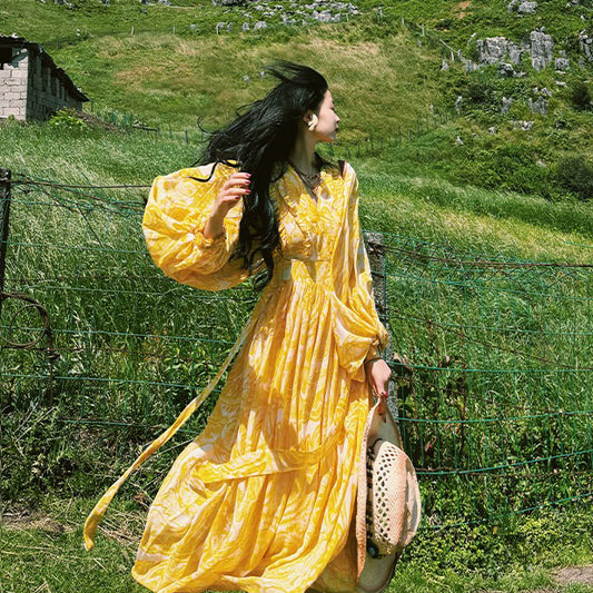 【ワンピース】リゾート風 Vネック ハイウエスト バルーンスリーブ 長袖ワンピース【SHシリーズ】