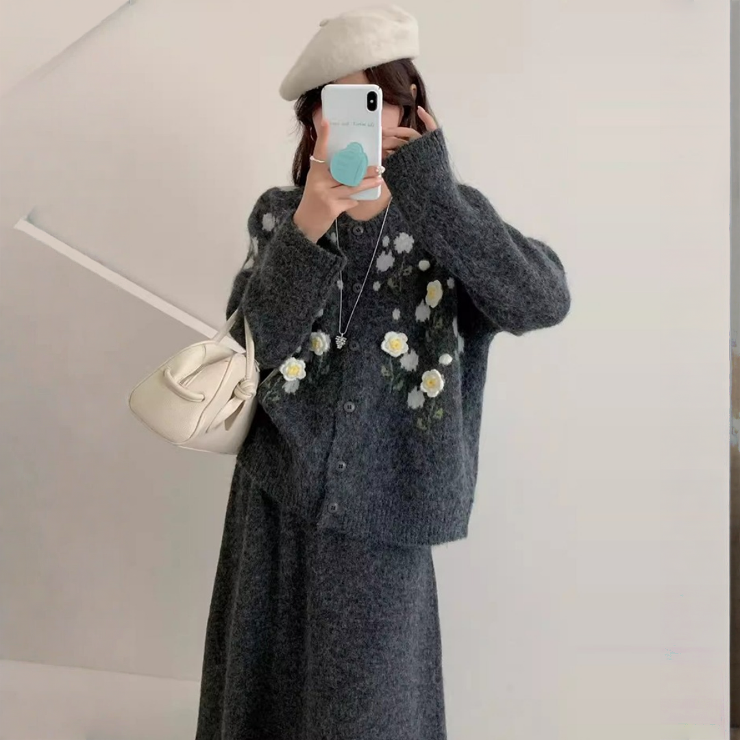 【セットアップ】春 秋 冬 立体刺繍フラワー +ハイウエスト ニットスカート 2点上下セット 【JZシリーズ】