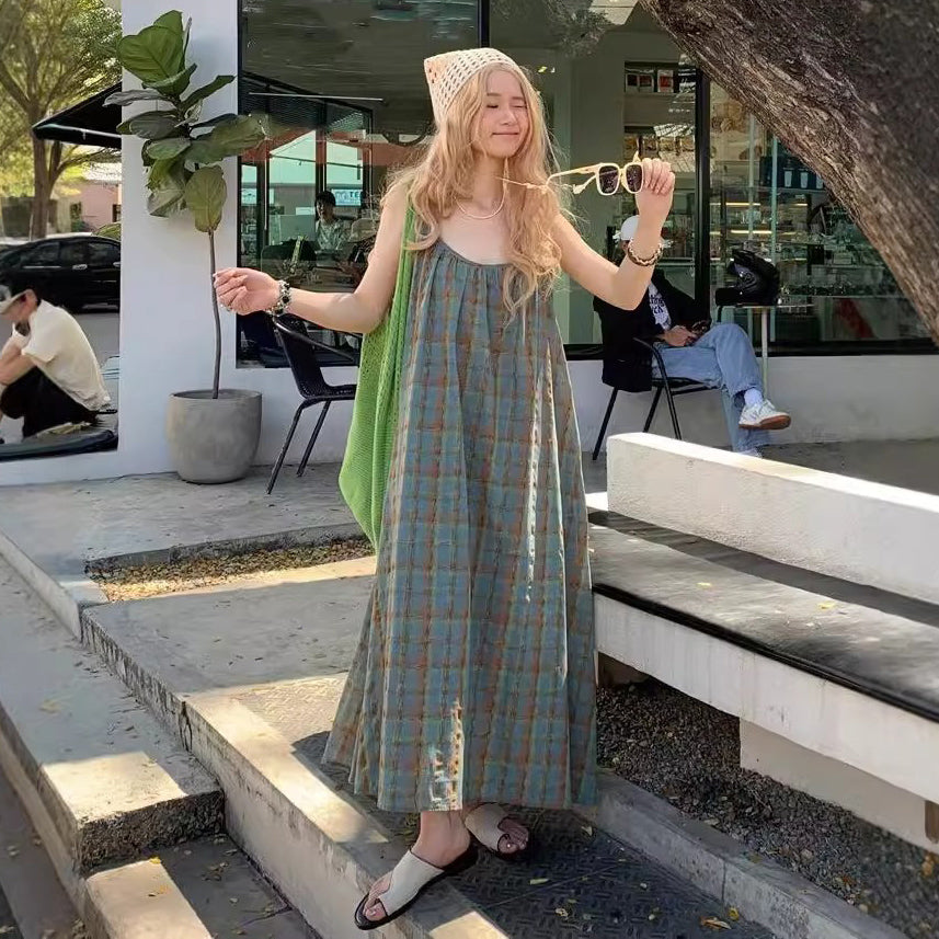 【ワンピース】大きいサイズ 気質 リゾート風 チェック柄 ノースリーブ キャミワンピース【SHシリーズ】