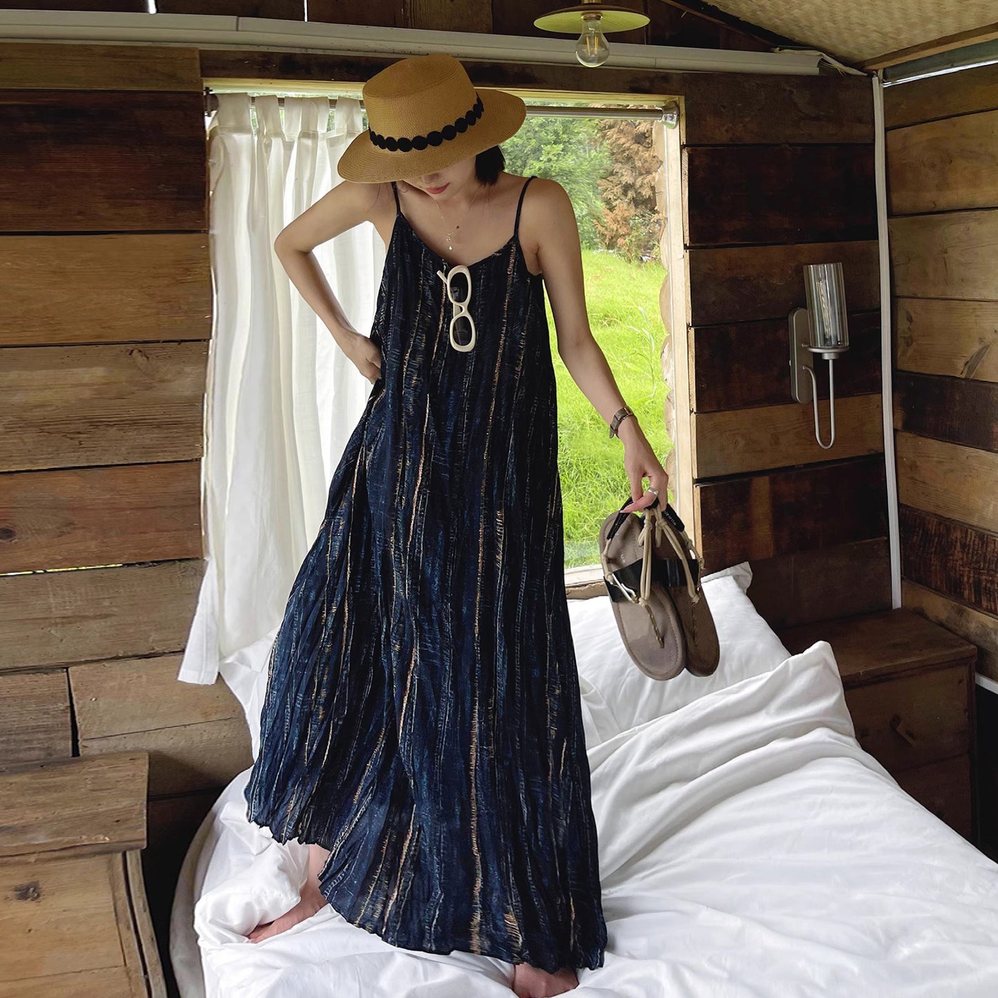 【ワンピース】レトロ シフォンワンピース 夏 ノースリーブ ドレープ感  ゆったり 着痩せ リゾートドレス【SHシリーズ】