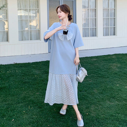 【ワンピース】 リボン付きワンピース レディース 夏新作 半袖 Tシャツワンピース リラックスシルエット 体型カバー ロング丈【JZシリーズ】
