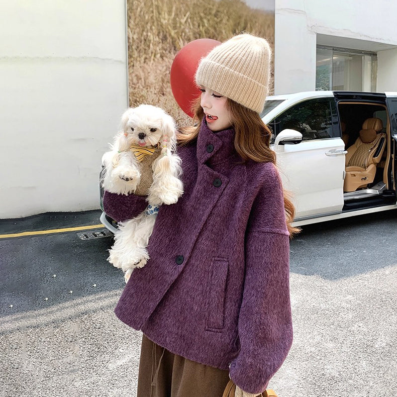 【アウター】💜トレンド感満載！ラベンダーカラーのコート！上品な雰囲気 ウールコート レディース 秋冬  韓国風 レトロ おしゃれ ショートジャケット【JZシリーズ】