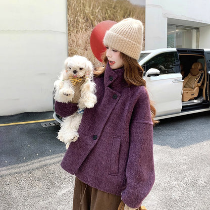 【アウター】💜トレンド感満載！ラベンダーカラーのコート！上品な雰囲気 ウールコート レディース 秋冬  韓国風 レトロ おしゃれ ショートジャケット【JZシリーズ】