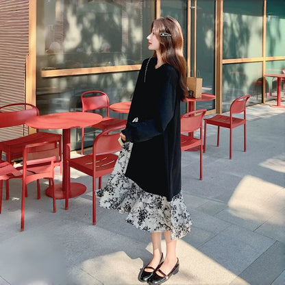 【ワンピース】春 秋 冬 大人フェミニン 墨絵プリント 気質よい 着痩せ 長袖ワンピース【SHシリーズ】