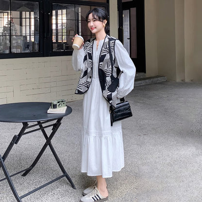 2点セット！【セットアップ】フレンチ上品 ホワイトワンピース＋ヴィンテージ風プリントベスト セット レディース 大人カジュアル【SHシリーズ】