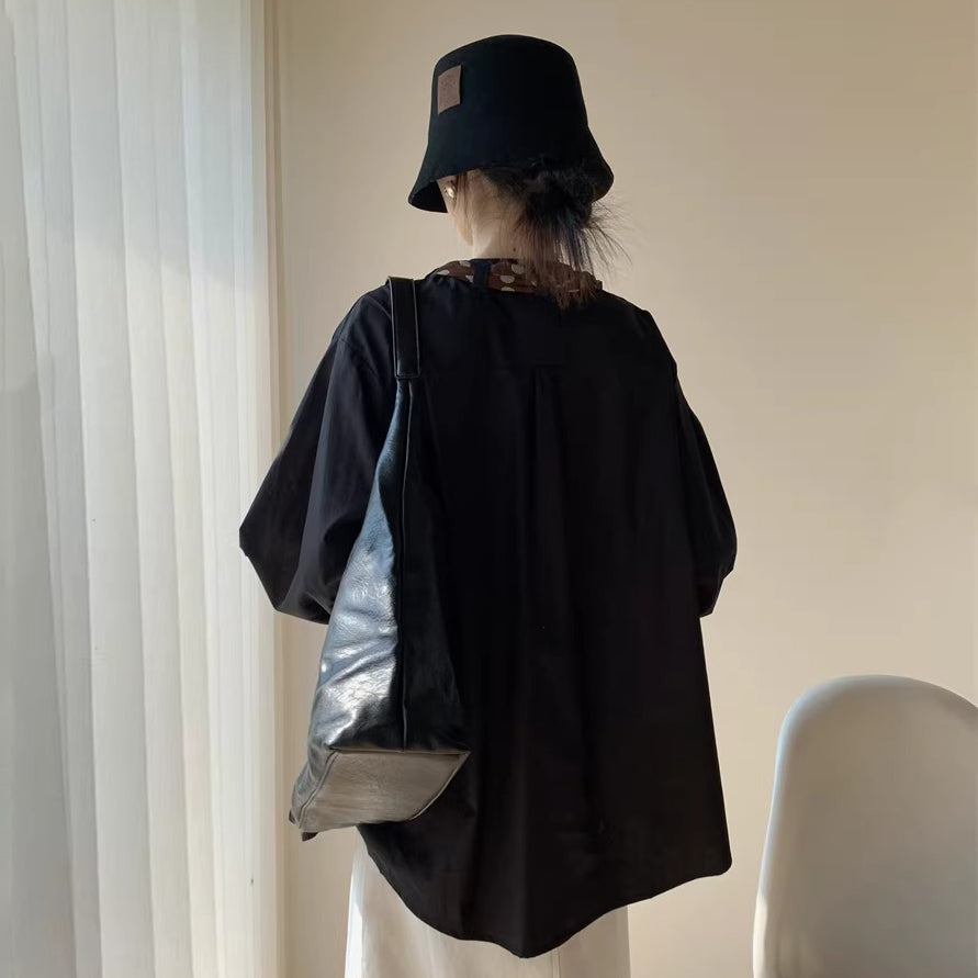 【トップス】韓国風 オーバーサイズ ハイブランド風 デザイン感 丸首 レトロトップス ドット柄 スカーフリボン付き シャツ レディース【JZシリーズ】