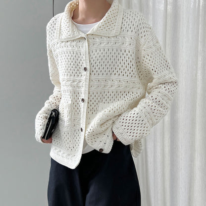 【アウター】レトロクロシェ風透かし編みニットカーディガン｜折り襟×長袖の大人可愛い【JZシリーズ】