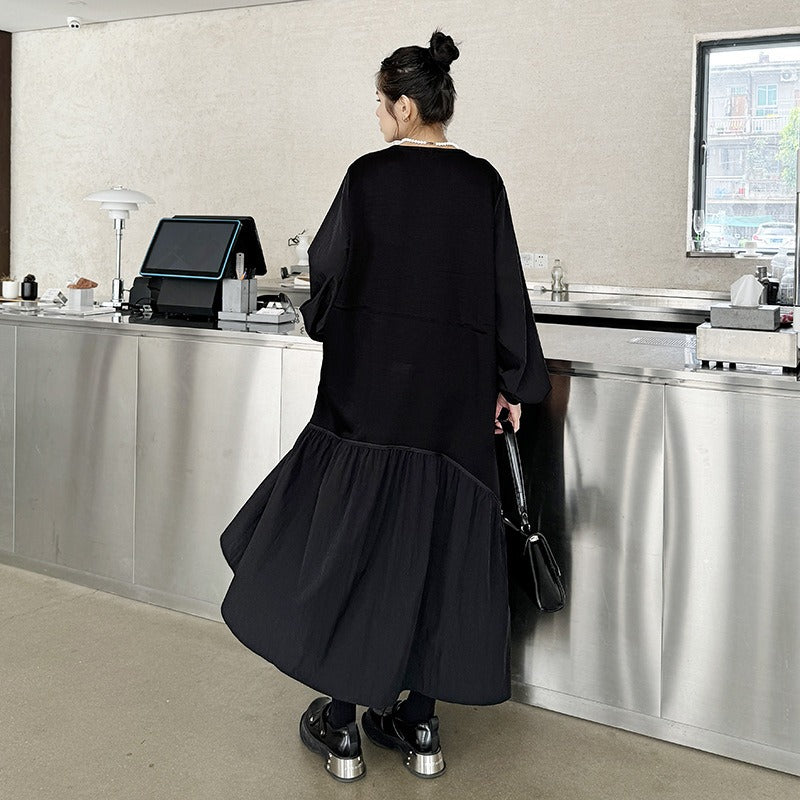 【ワンピース】細見え 日系 Vネック 無地 長袖ワンピース 切替デザイン ゆったり 気質ロング【JZシリーズ】【AHシリーズ】