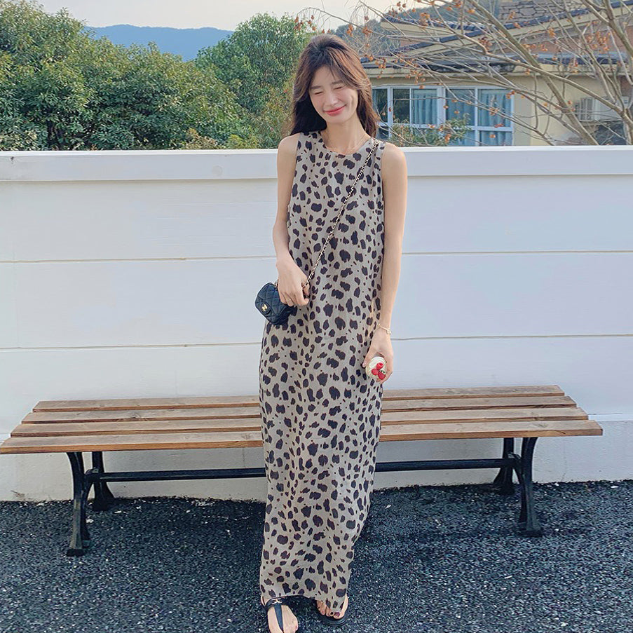 【ワンピース】大人可愛い ヒョウ柄 ノースリーブワンピース 夏 タンクトップ風 ロング丈【SHシリーズ】