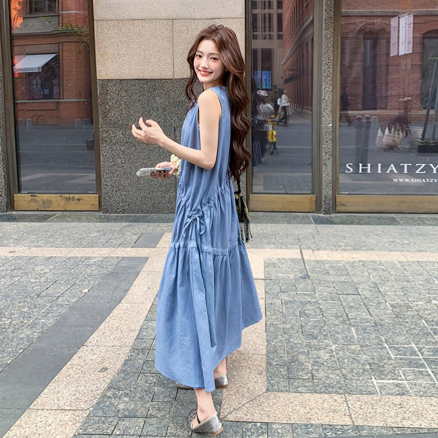 【ワンピース】夏新作 フレンチ気質 ギャザー＆リボンデザイン ノースリーブワンピース【SHシリーズ】