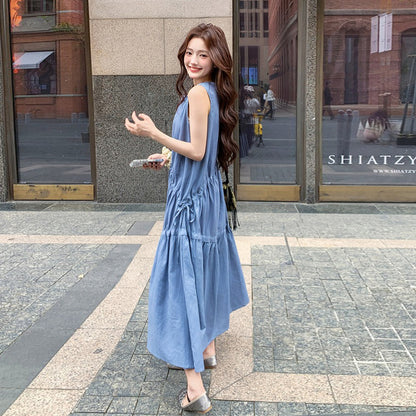 【ワンピース】夏新作 フレンチ気質 ギャザー＆リボンデザイン ノースリーブワンピース【SHシリーズ】