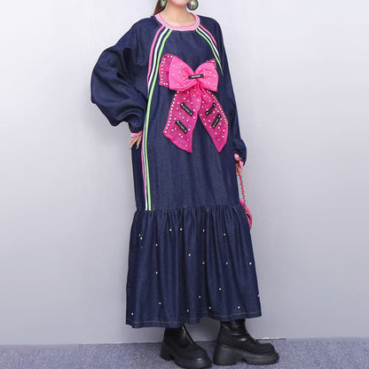【ワンピース】デザイン感 2026春新作 レディース デニムワンピース リボン＆ビーズ装飾 ゆったりシルエット 着痩せ ロング丈 ファッション 長袖ワンピース
【SHシリーズ】