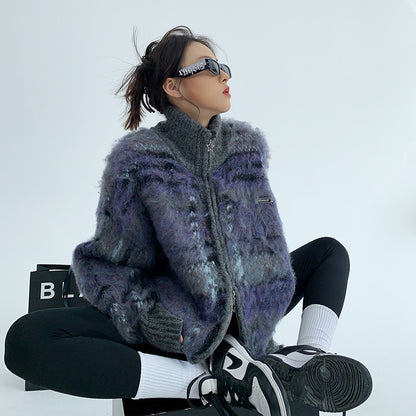 【トップス】個性派デザイン レディース チェック柄シャギーカーディガン ルーズシルエット 冬新作 セーター【FCシリーズ】