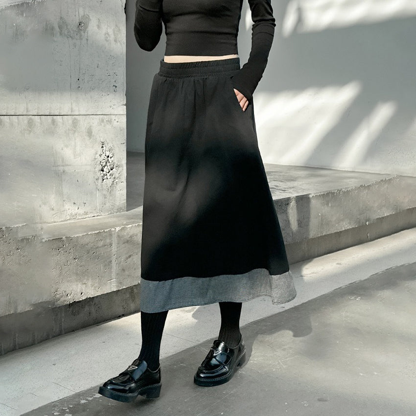 【ボトムス】秋冬 フレンチスタイル チェック柄 切り替え 配色 ブラック ミディ丈 Aライン フレアスカート ウエストゴム すっきり見え【JZシリーズ】